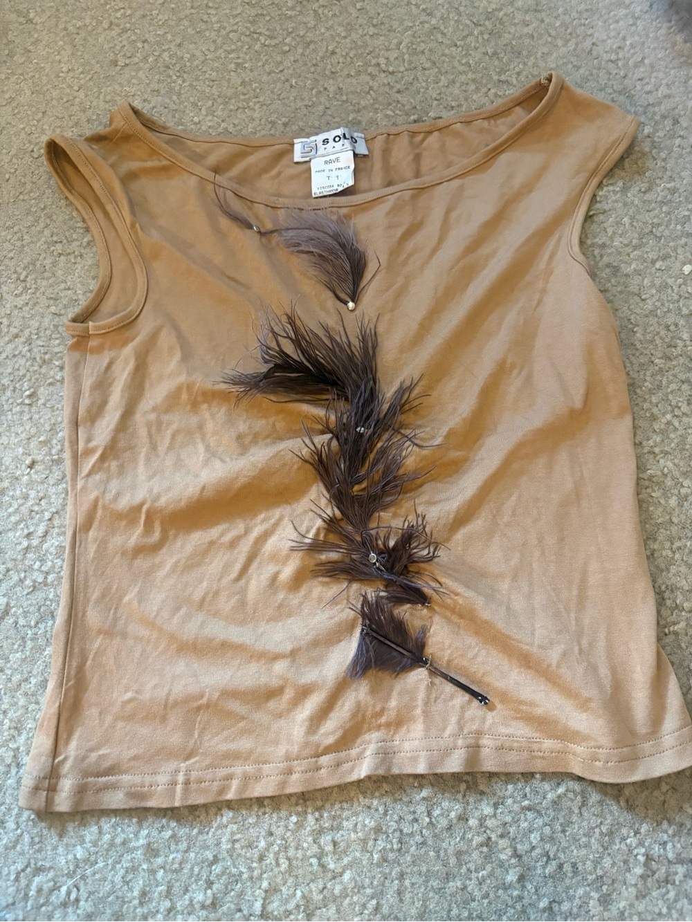 Vintage Y2K Solo Paris Rave Top Feather Embellished Asymmetrical Made France